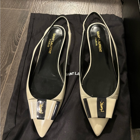 SAINT LAURENT PARIS cream and navy sling back flats - Picture 1 of 3